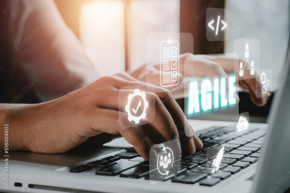 Poster agile development methodology concept, business person hand typing keyboard with vr screen agile ico