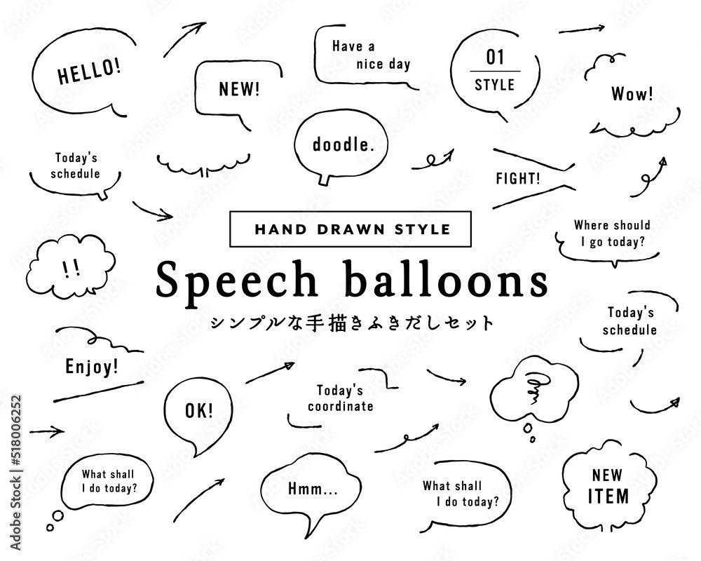 Wall mural シンプルな手描きふきだしセット　イラスト　手書き　飾り　フレーム　矢印　吹き出し　落書き　おしゃれ
