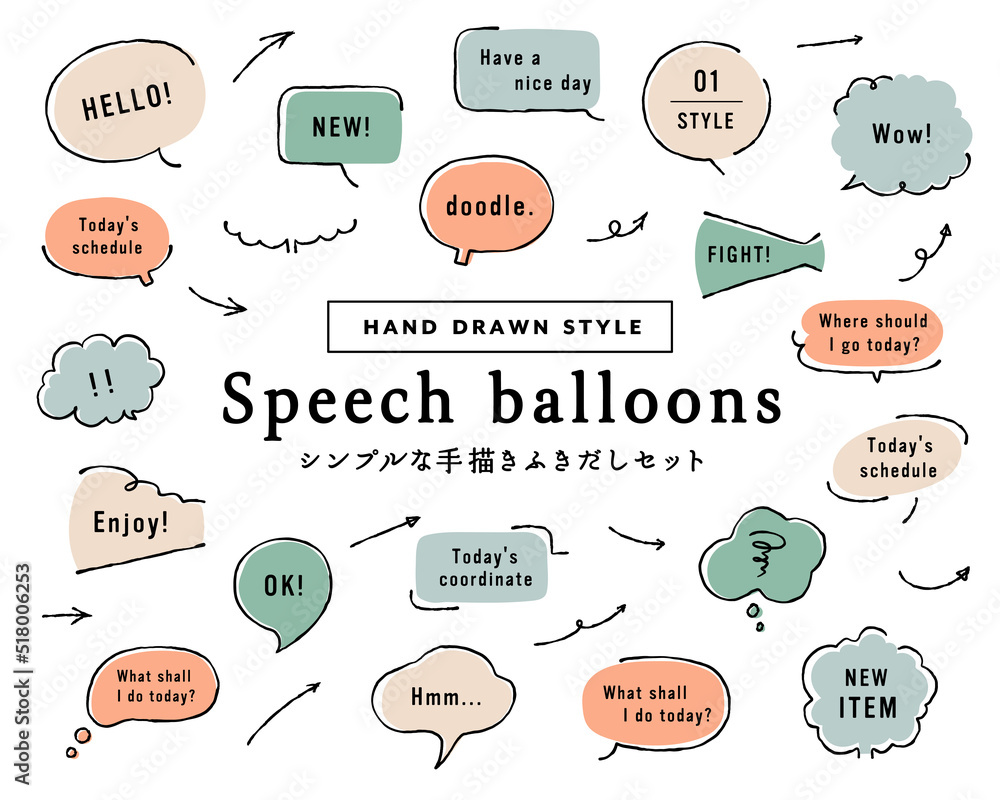 Wall mural シンプルな手描きふきだしセット　イラスト　手書き　飾り　フレーム　矢印　吹き出し　落書き　おしゃれ