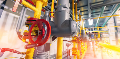 Banner industry, oil and gas factory plant with pipeline red valves with sunlight