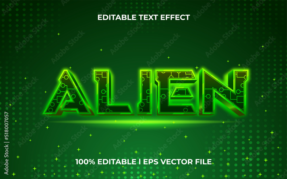 Fototapete alien 3d text effect with neon theme. green typography template for cyber tittle