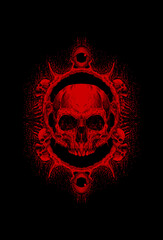 Skull head with human skeleton bloody genie circle artwork illustration