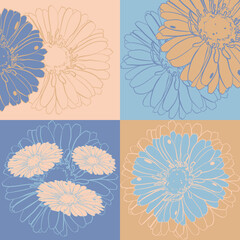 Vector set of gerbera flowers in doodle technique home decoration 