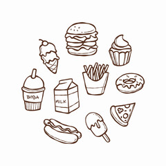 Cute handdrawn fastfood doodle set