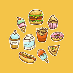 Cute fastfood doodle sticker set