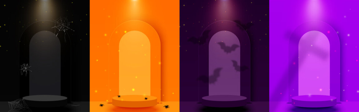 Set Of Halloween Scene Background With 3d Circle Podium Stage For Product Display, Show Base.