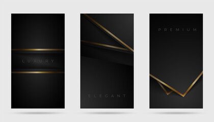 Premium black design cover set. Luxury style with gold lines on black space. Elegant cover, card, background template. Vector illustration