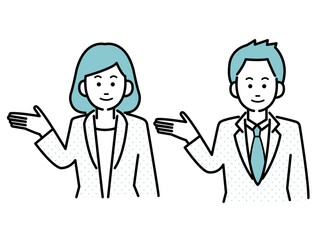 右手で方向を示し案内や紹介をするスーツの男女のイラスト素材セット