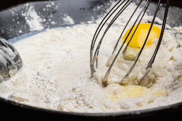 step by step batter mix for pancakes flour milk and egg