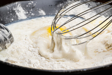 step by step batter mix for pancakes flour milk and egg
