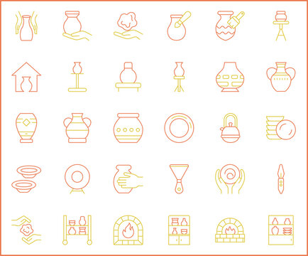 Simple Set of Pottery Related Vector Line Icons. Contains such Icons as Bowl, Plate, fireplace, ceramics, vase, clay, mug symbols and more.