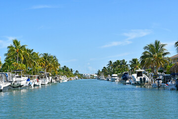 Boats parked along the canal view near Marathon Key in the Florida Keys