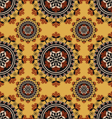 Vector African ethnic circle flower shape seamless pattern on yellow color background. Use for fabric, textile, interior decoration elements, upholstery, wrapping.