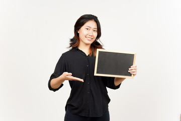 Obraz premium Showing, Presenting and holding Blank Blackboard of Beautiful Asian Woman Isolated On White