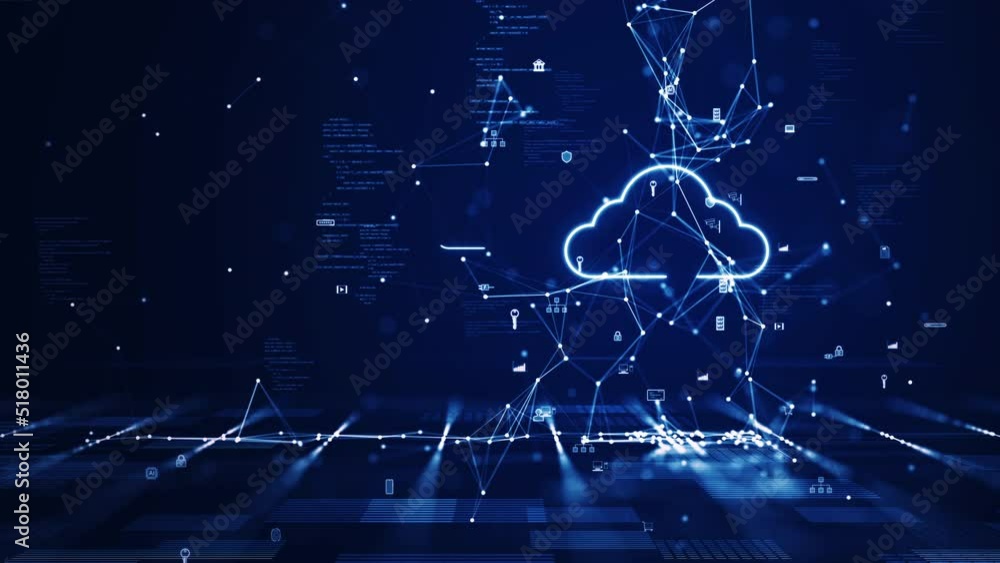 Poster Cloud and edge computing technology concept with cybersecurity data protection system. Three large cloud icons stand out on the right. polygon connection slow motion small icon on dark blue background