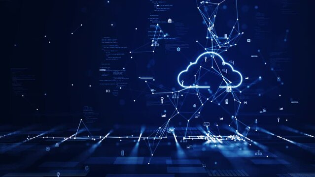 Cloud and edge computing technology concept with cybersecurity data protection system. Three large cloud icons stand out on the right. polygon connection slow motion small icon on dark blue background