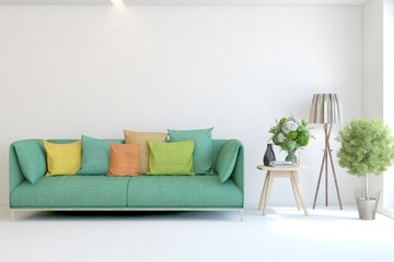 White living room with sofa. Scandinavian interior design. 3D illustration