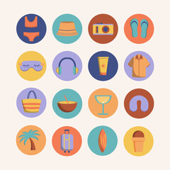 Summer icon collection, vector set, traveling accessories.