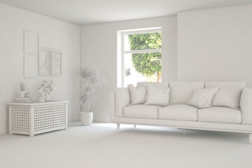 White living room with sofa and summer landscape in window. Scandinavian interior design. 3D illustration