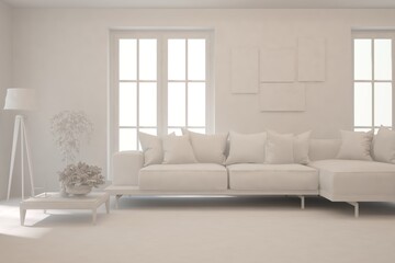 White minimalist living room with sofa. Scandinavian interior design. 3D illustration