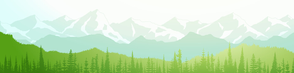 Fototapeta premium Panoramic mountain view, summer landscape, snow-capped mountain peaks and green forests