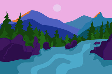 Sunset in the mountains, evening twilight, moon, river. Vector flat illustration.