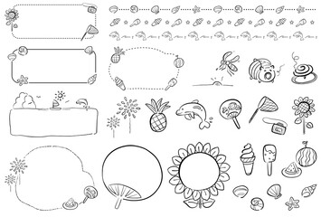 夏の飾り枠とイラスト　1色　手描き