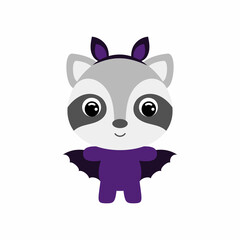 Cute little Halloween raccoon in a bat costume. Cartoon animal character for kids t-shirts, nursery decoration, baby shower, greeting card, invitation, house interior. Vector stock illustration