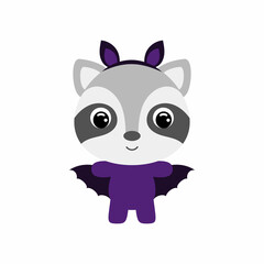 Cute little Halloween raccoon in a bat costume. Cartoon animal character for kids t-shirts, nursery decoration, baby shower, greeting card, invitation, house interior. Vector stock illustration