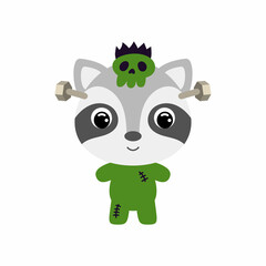 Cute little Halloween raccoon in a Frankenstein costume. Cartoon animal character for kids t-shirts, nursery decoration, baby shower, greeting card, invitation. Vector stock illustration