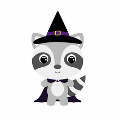 Cute little Halloween raccoon in a wizard costume. Cartoon animal character for kids t-shirts, nursery decoration, baby shower, greeting card, invitation, house interior. Vector stock illustration