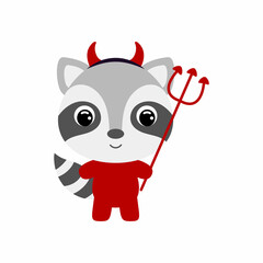 Cute little Halloween raccoon in a devil costume. Cartoon animal character for kids t-shirts, nursery decoration, baby shower, greeting card, invitation, house interior. Vector stock illustration