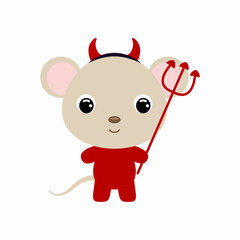 Cute little Halloween mouse in a devil costume. Cartoon animal character for kids t-shirts, nursery decoration, baby shower, greeting card, invitation, house interior. Vector stock illustration