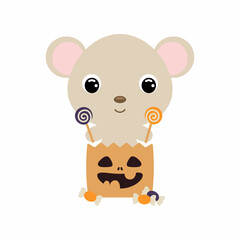 Cute Halloween mouse sitting in a trick or treat bag with candies. Cartoon animal character for kids t-shirts, nursery decoration, baby shower, greeting card, invitation. Vector stock illustration