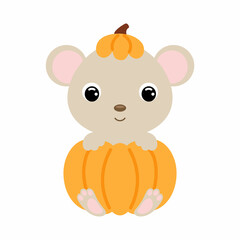 Cute little mouse sitting in a pumpkin. Cartoon animal character for kids t-shirts, nursery decoration, baby shower, greeting card, invitation. Vector stock illustration