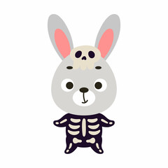 Cute little Halloween rabbit in a skeleton costume. Cartoon animal character for kids t-shirts, nursery decoration, baby shower, greeting card, invitation, house interior. Vector stock illustration