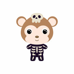 Cute little Halloween monkey in a skeleton costume. Cartoon animal character for kids t-shirts, nursery decoration, baby shower, greeting card, invitation, house interior. Vector stock illustration