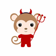 Cute little Halloween monkey in a devil costume. Cartoon animal character for kids t-shirts, nursery decoration, baby shower, greeting card, invitation, house interior. Vector stock illustration