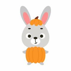Cute little Halloween rabbit in a pumpkin costume. Cartoon animal character for kids t-shirts, nursery decoration, baby shower, greeting card, invitation, house interior. Vector stock illustration