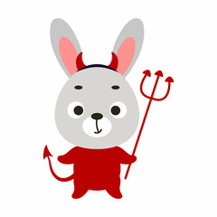 Cute little Halloween rabbit in a devil costume. Cartoon animal character for kids t-shirts, nursery decoration, baby shower, greeting card, invitation, house interior. Vector stock illustration
