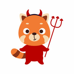 Cute little Halloween red panda in a devil costume. Cartoon animal character for kids t-shirts, nursery decoration, baby shower, greeting card, invitation, house interior. Vector stock illustration