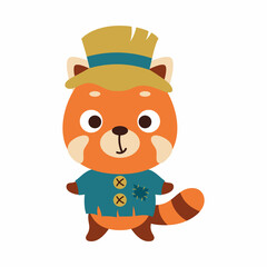 Cute little Halloween red panda in a scarecrow costume. Cartoon animal character for kids t-shirts, nursery decoration, baby shower, greeting card, invitation, decor. Vector stock illustration
