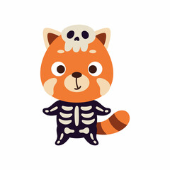 Cute little Halloween red panda in a skeleton costume. Cartoon animal character for kids t-shirts, nursery decoration, baby shower, greeting card, invitation, house interior. Vector stock illustration