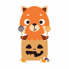 Cute Halloween red panda sitting in a trick or treat bag with candies. Cartoon animal character for kids t-shirts, nursery decoration, baby shower, greeting card, invitation. Vector stock illustration
