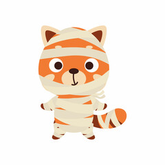 Cute little Halloween red panda in a mummy costume. Cartoon animal character for kids t-shirts, nursery decoration, baby shower, greeting card, invitation, house interior. Vector stock illustration