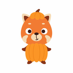 Cute little Halloween red panda in a pumpkin costume. Cartoon animal character for kids t-shirts, nursery decoration, baby shower, greeting card, invitation, house interior. Vector stock illustration