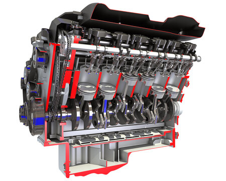 V12 Cutaway Car Engine Sectioned 3D rendering