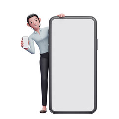 smart girl appears from behind a big phone and holding phone, 3D render business woman in blue shirt holding phone illustration