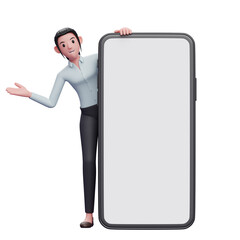 smart girl appears from behind a big phone, 3D render business woman in blue shirt holding phone illustration
