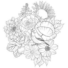 vector drawing natural background with bird and flowers, black and white coloring page, hand drawn illustration